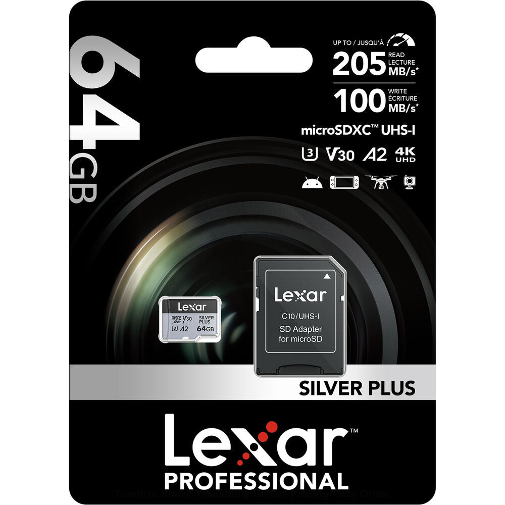 Lexar 64GB Professional SILVER PLUS UHS-I microSDXC Memory Card + SD Adapter
