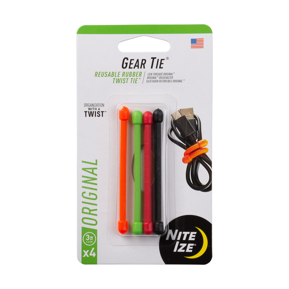 Nite Ize Gear Tie Reusable Rubber Twist Tie 3in - 4 Pack - Assorted