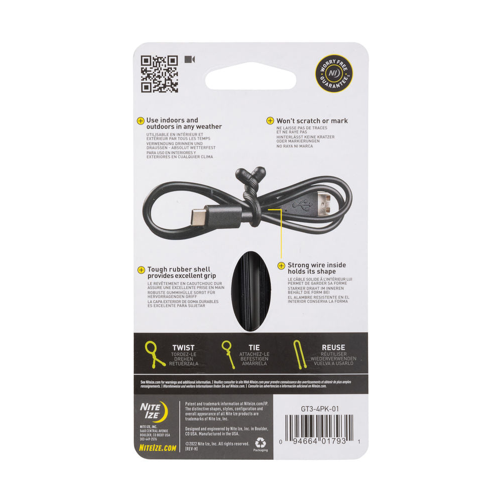Nite Ize Gear Tie Reusable Rubber Twist Tie 3in - 4 Pack - Black