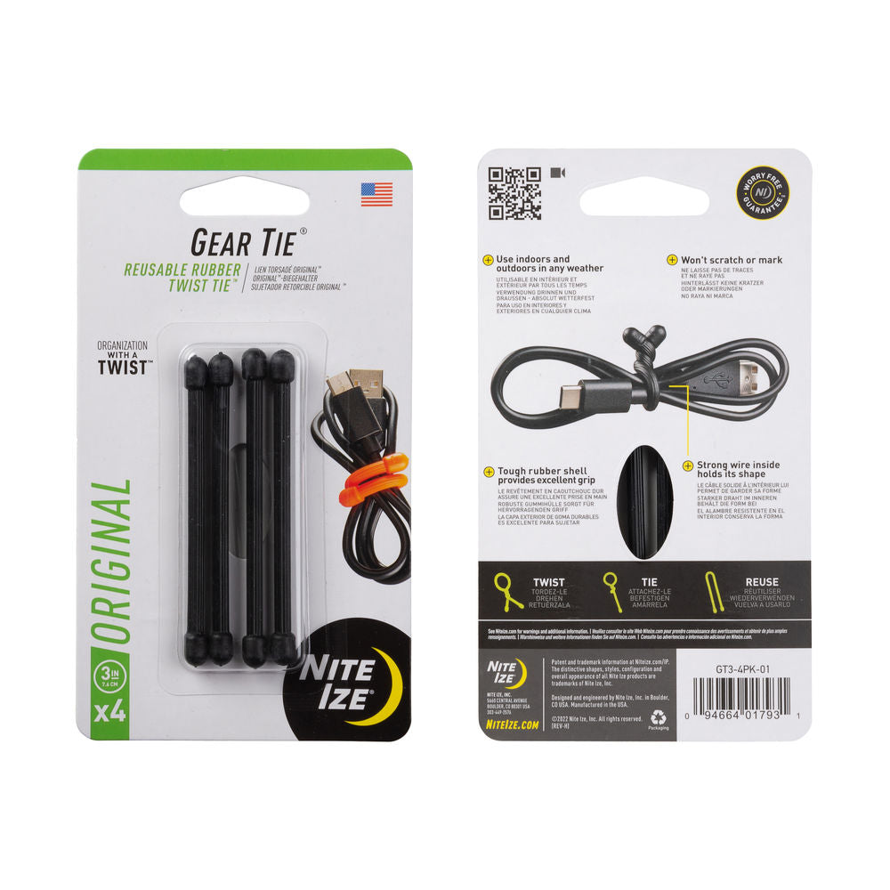 Nite Ize Gear Tie Reusable Rubber Twist Tie 3in - 4 Pack - Black