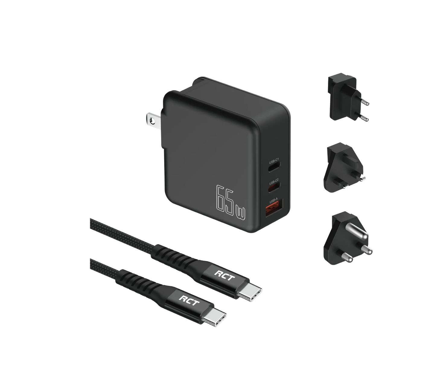 RCT 65W GaN fast charging travel kit - Travel adapter + (EU+UK+SA) Plug and cable