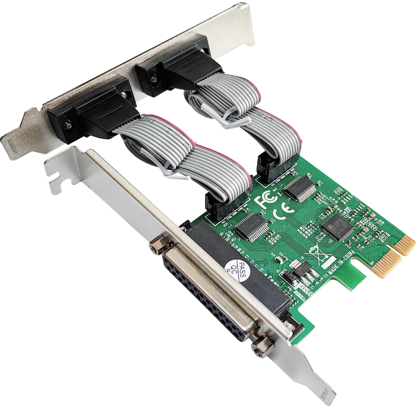 RCT PCI-e 2.3 multi-I/O card with 2× RS-232 (COM) + 1× IEEE 1284 parallel (LPT) ports.
