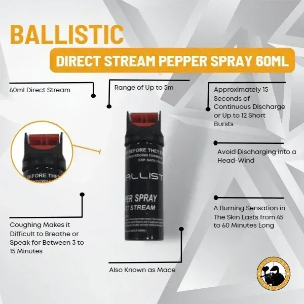 Ballistic Direct Stream Pepper Spray 60ml Guards On Duty Security