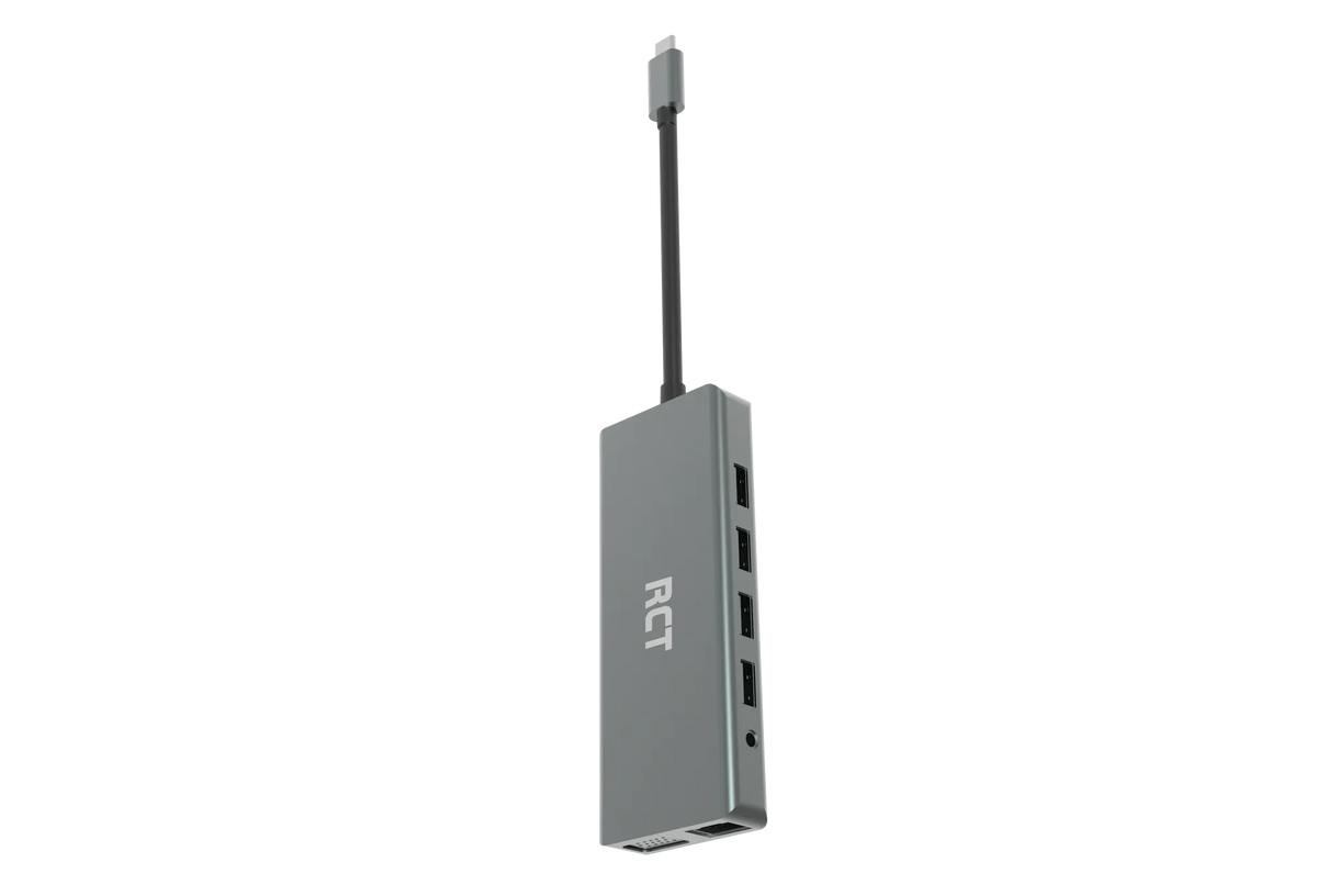 RCT compact 12-in-1 USB Type C hub with 2 HDMI; 1 VGA; 3 USB 3.0; 1 USB 2.0; 1 RJ45; PD100W; audio; SD & microSD card reader