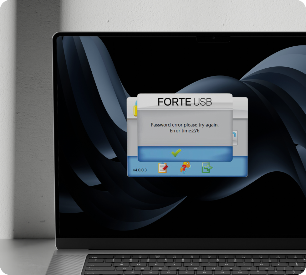 SecuX Forte USB password manager on a laptop showing the wrong-password counter at 2 of 6, official SecuX image