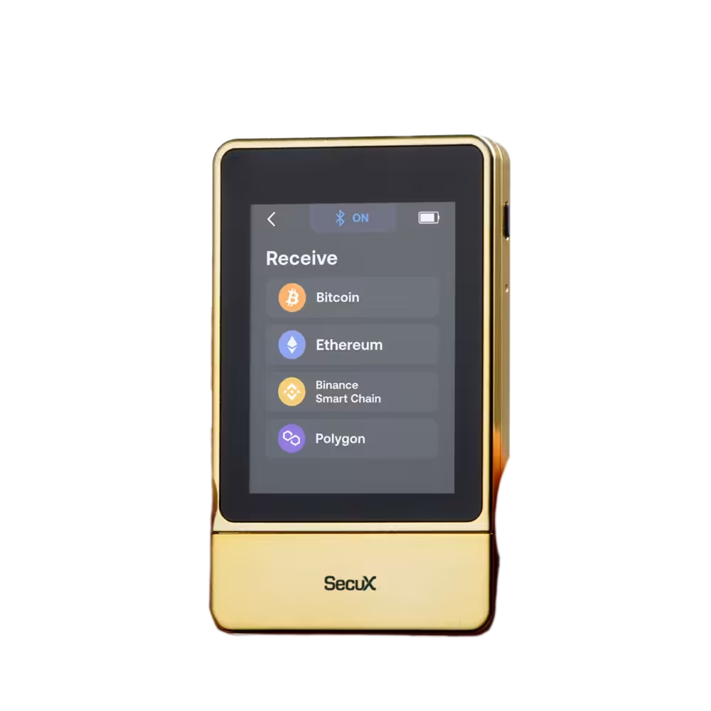 SecuX NeoGold held in one hand, touchscreen showing the Receive menu