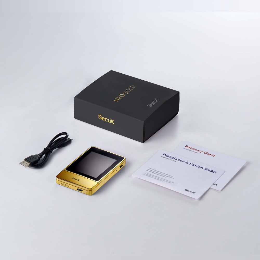 SecuX NeoGold box contents: gold wallet, USB cable, box and printed sheets