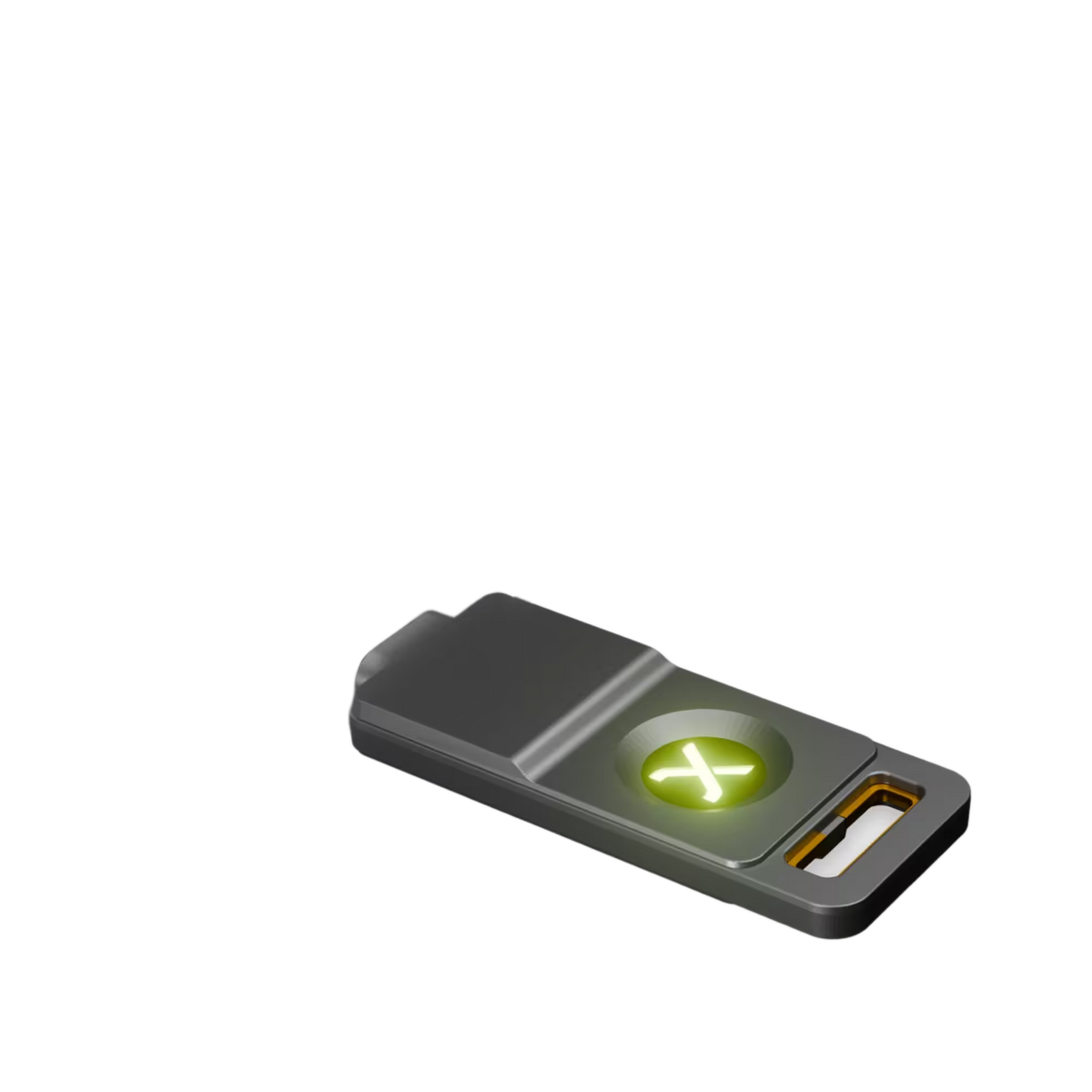 SecuX PUFido Drive Clife Key plugged into a laptop USB-C port with the touch panel lit green, official SecuX image