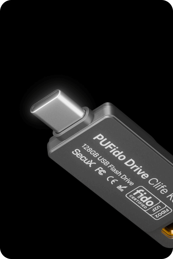Back of the SecuX PUFido Drive Clife Key showing its 128 GB USB flash drive and FIDO Certified U2F FIDO2 markings, official SecuX image