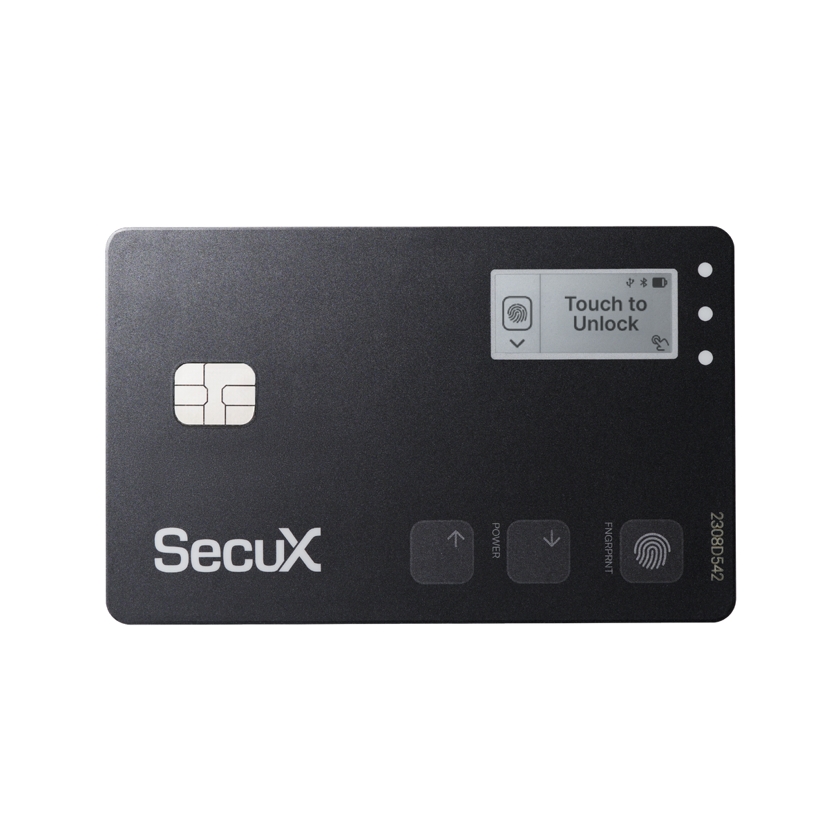 SecuX Shield BIO card hardware wallet, front view with e-paper display and fingerprint pad