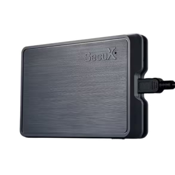 Back of the SecuX W10 with the SecuX logo and the USB cable connected