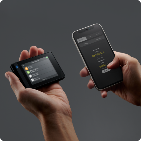 SecuX W20 held in one hand beside a smartphone running a wallet app