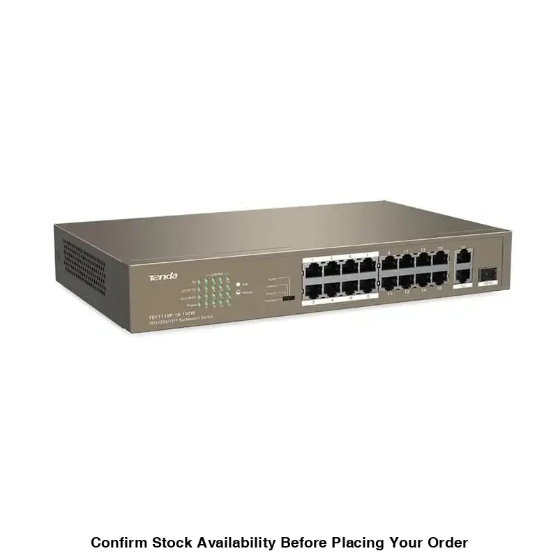 Tenda 16-Port Fast Ethernet Switch with 16-Port PoE | TEF1118P-16-150W