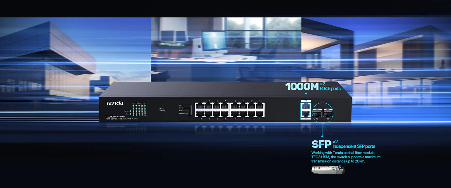 TENDA SWITCH ETHERNET 16-PORT POE 150W