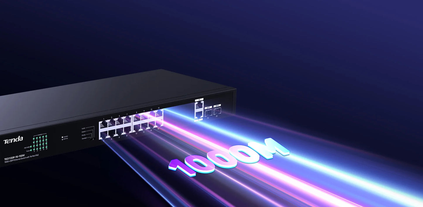 TENDA SWITCH ETHERNET 16-PORT POE 150W