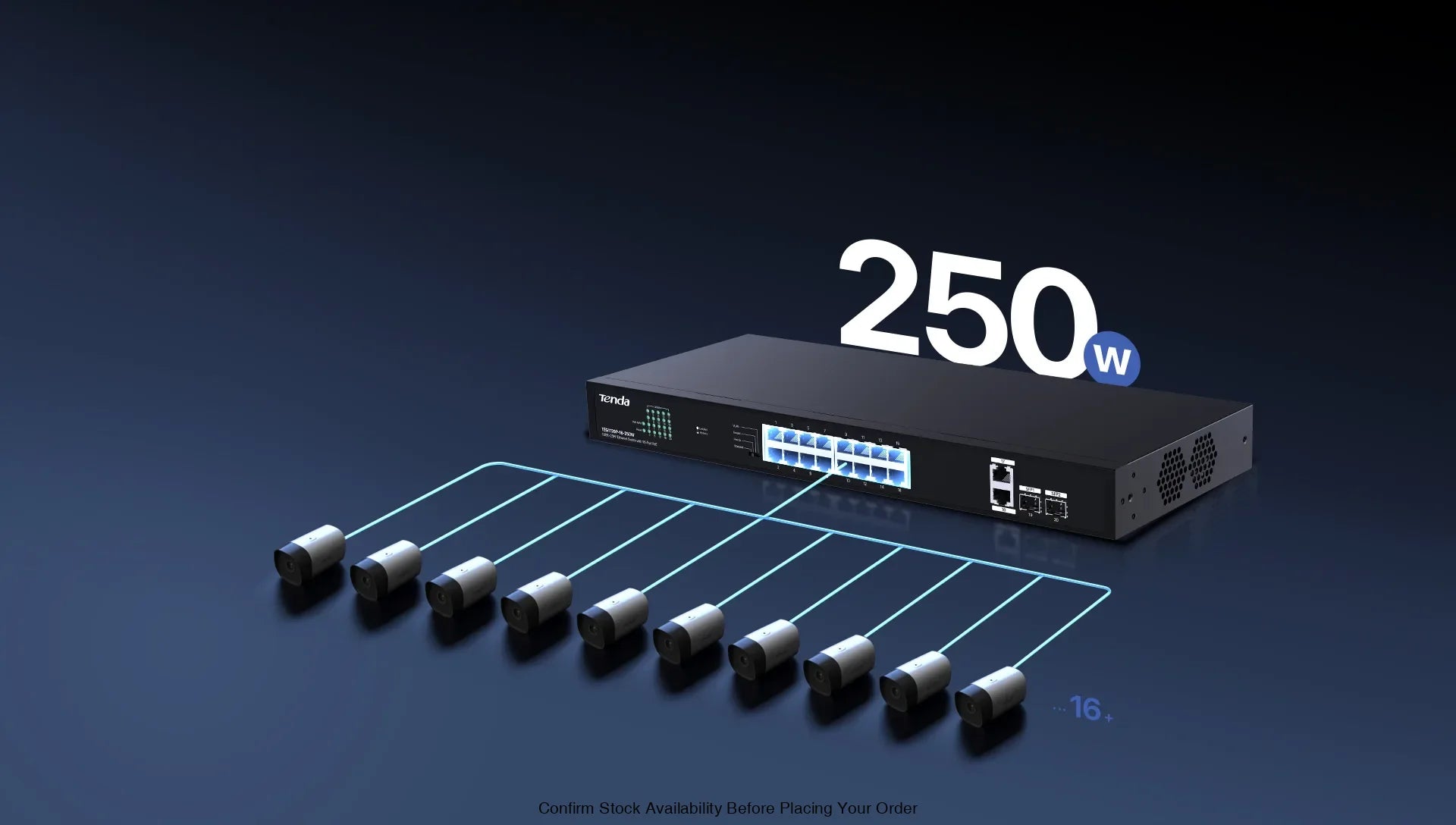 TENDA SWITCH, ETHERNET16-PORT POE 250W
