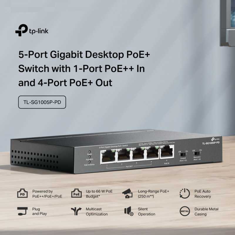 TP-Link 5-Port Gigabit Switch - 1-Port PoE++ In and 4-Port PoE+ Out