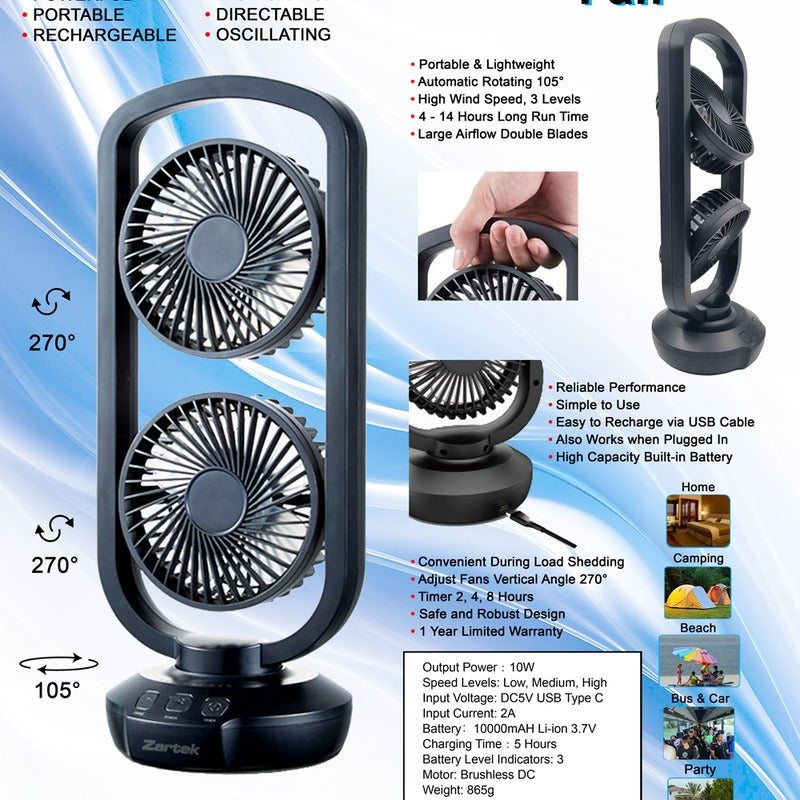 Zartek ZA-120 Rechargeable Portable Fan Auto Rotating 3 Speeds Double Blades USB-C 10000mAH