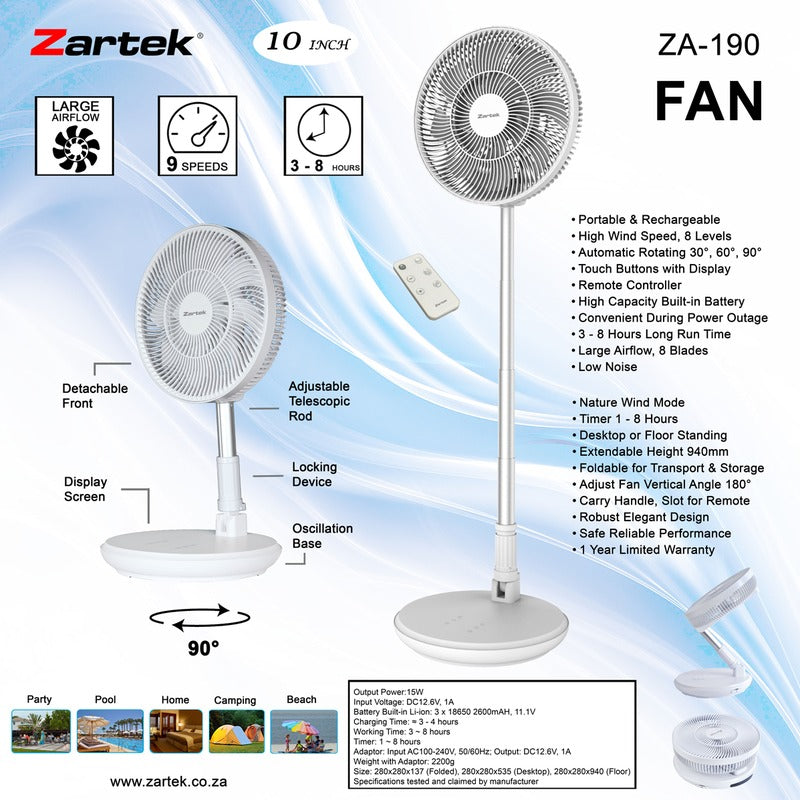 Zartek ZA-190 Rechargeable Portable Fan 10 inch 9 Speeds Auto Rotating Remote Control Timer