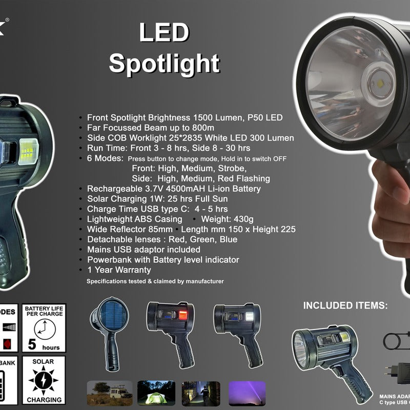 Zartek ZA-369 Bright Spotlight LED P50 1500 Lumen Side COB Solar Charging Powerbank 3 Lenses