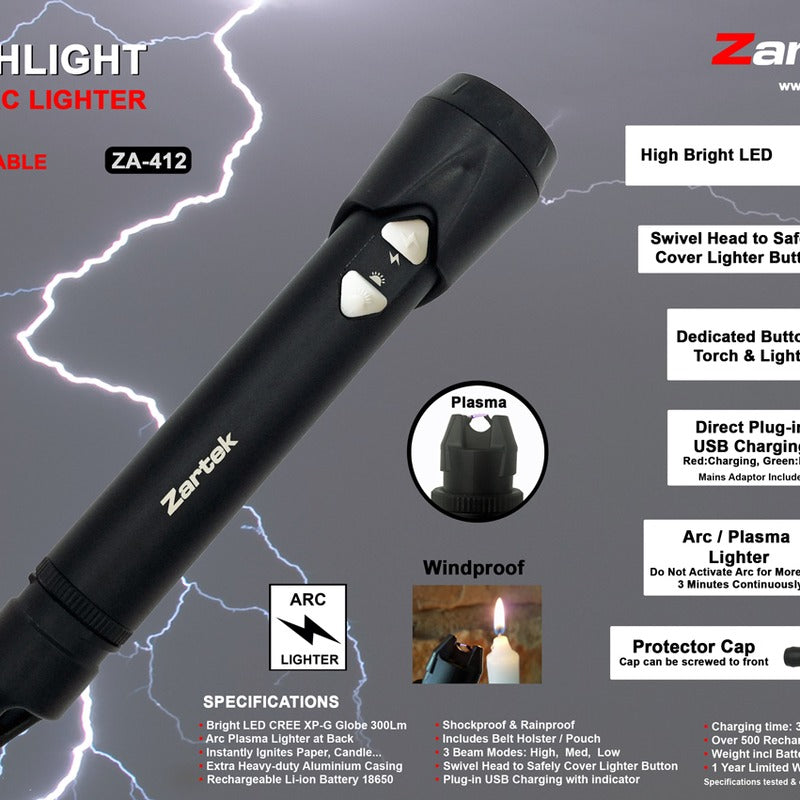 Zartek ZA-412 LED Torch with Arc Plasma Lighter USB Rechargeable Aluminium 300 Lumen