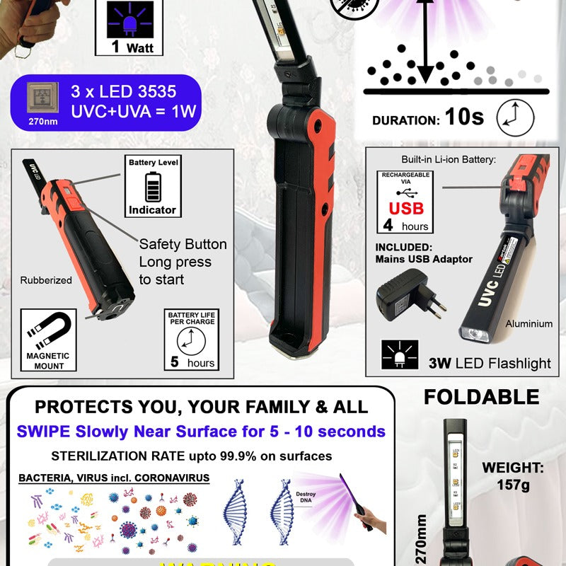 Zartek ZA-497 Sterilizing UV-C LED Foldable Rechargeable with Flashlight Magnetic USB-C