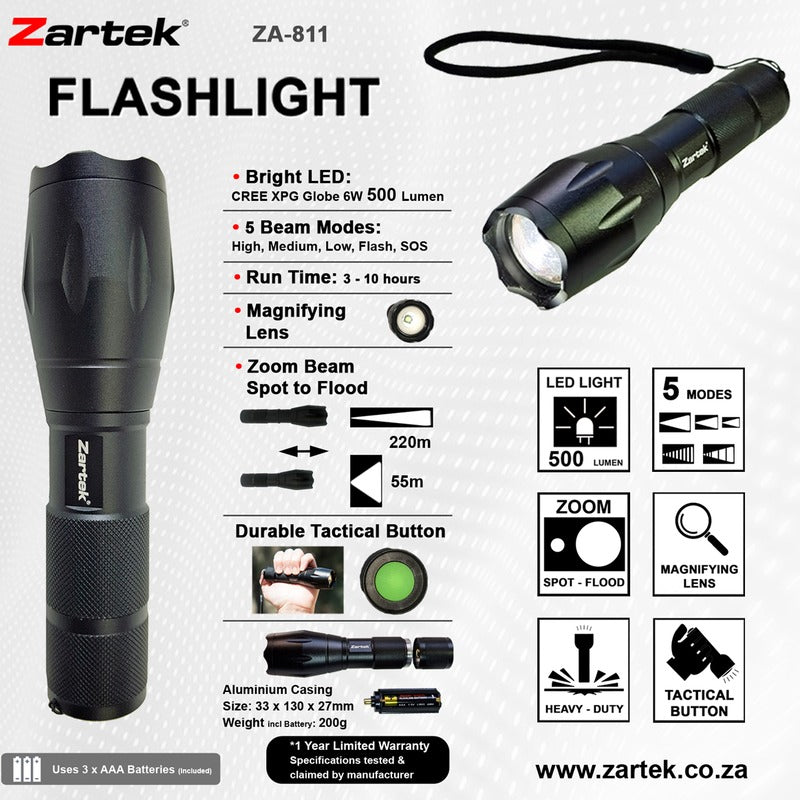 Zartek ZA-811 LED Flashlight 500 Lumen Heavy Duty Aluminium uses 3 x AAA Batteries