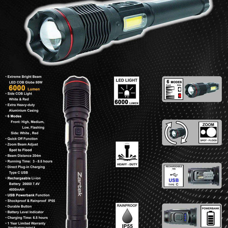 Zartek ZA-816 Extreme Bright Flashlight 6000 Lumen COB with Side Light USB-C Aluminium Powerbank