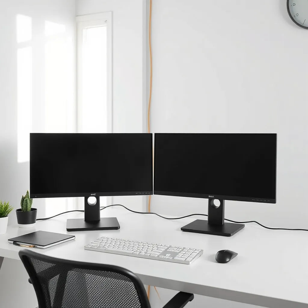 Two side-by-side 4K UHD monitors on a clean desk in a modern workspace