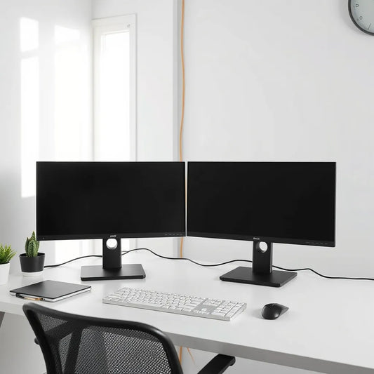 Two side-by-side 4K UHD monitors on a clean desk in a modern workspace