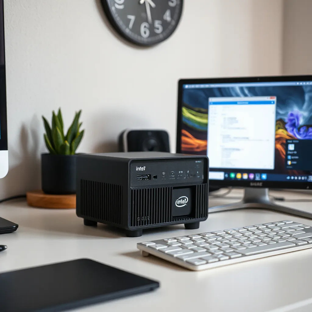 Compact Intel Core mini PC on a desk with keyboard and monitor in a clean home office