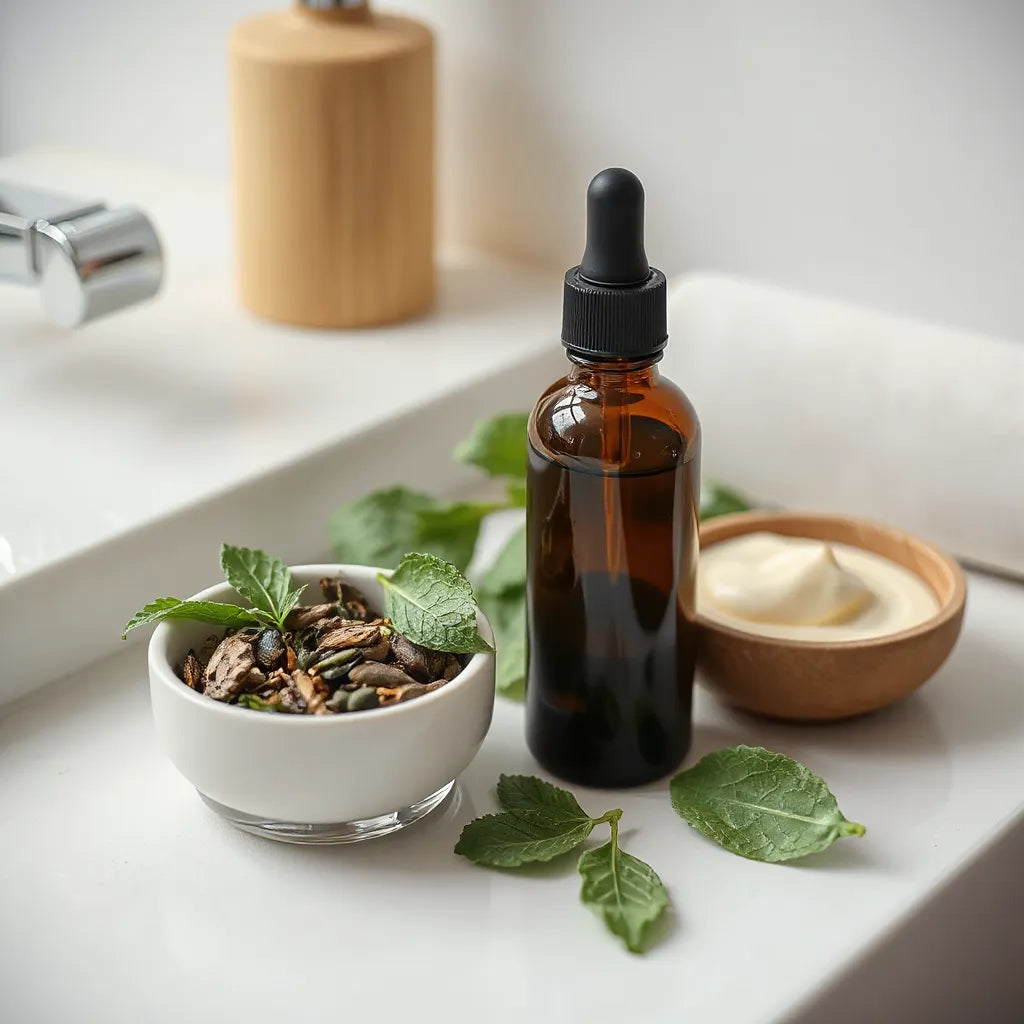 Dropper bottle, skincare cream jar, and fresh botanical leaves on a clean vanity