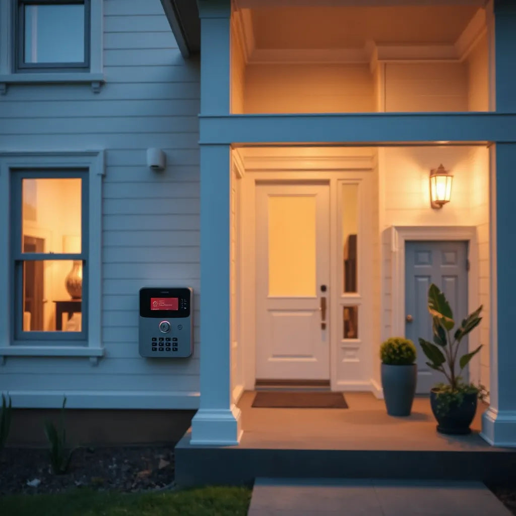 Modern home entrance with a visible alarm system control panel and outdoor motion sensor