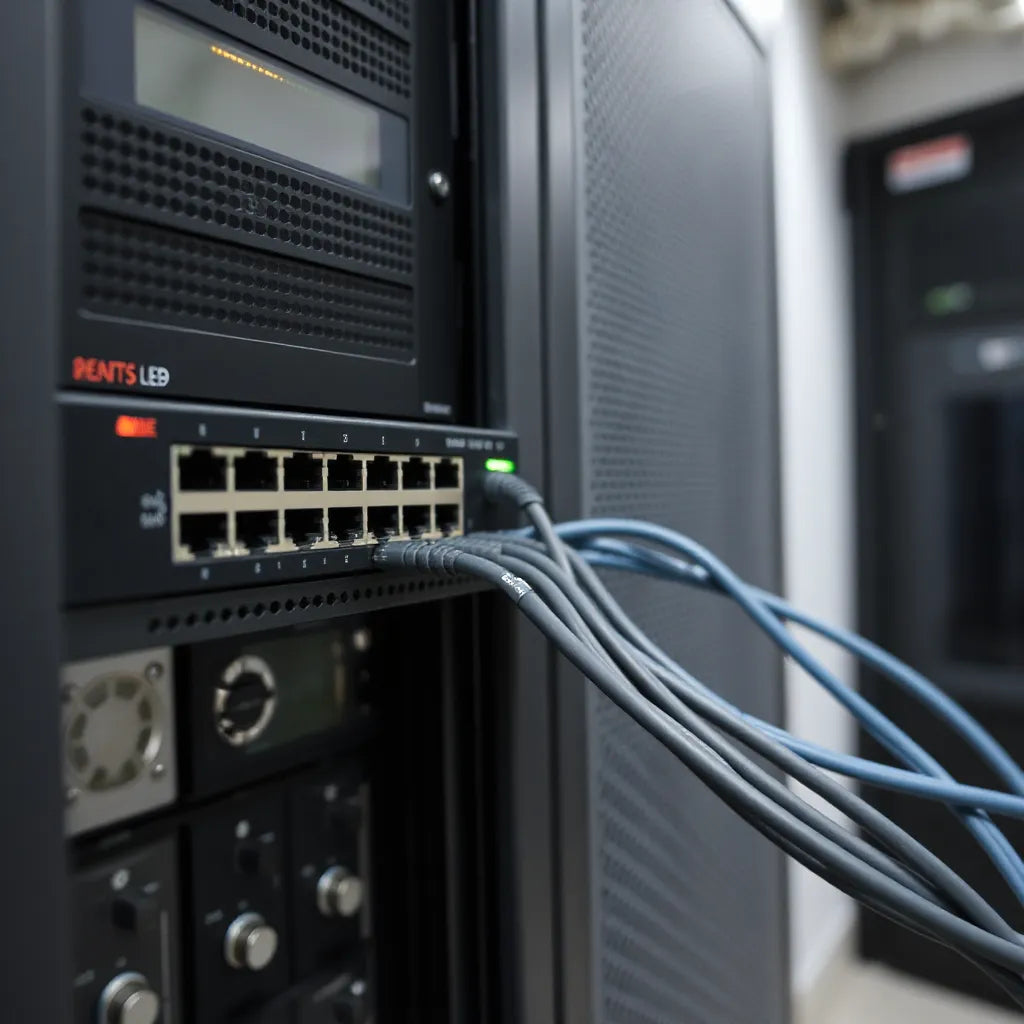 Rack-mounted 24-port Layer 2+ managed switch with connected Ethernet cables and status LEDs