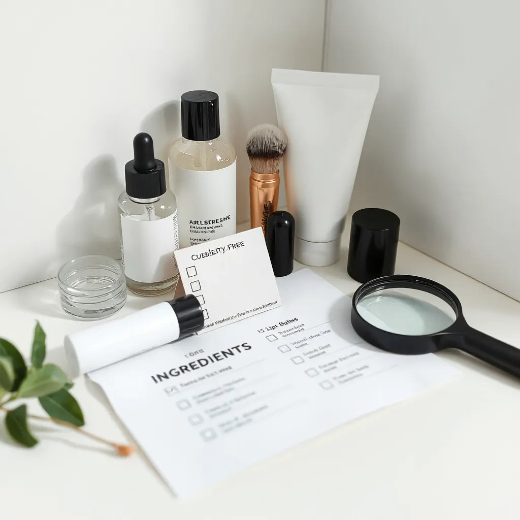 Minimal vanity with cruelty-free cosmetics and a magnifying glass over ingredient lists and blank checklist card