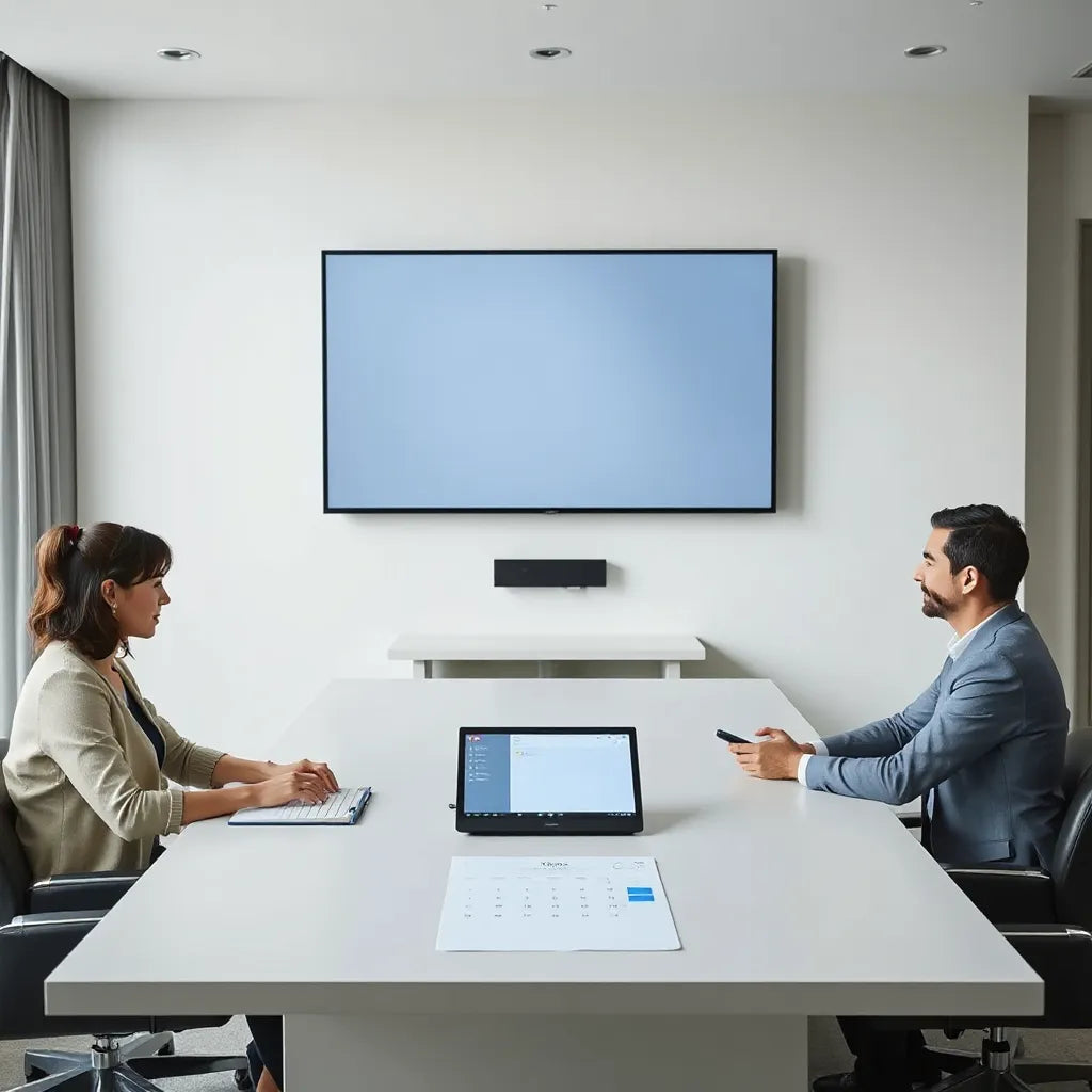 Smart collaboration display in a modern meeting room with people collaborating around a conference table