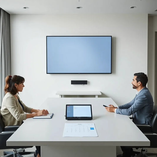 Smart collaboration display in a modern meeting room with people collaborating around a conference table