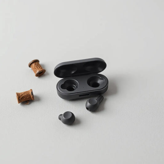 Wireless earbuds and charging case on a clean light background, showing comfort-focused design details