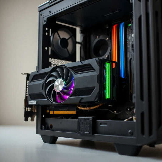 Graphics card installed in a gaming PC case with subtle RGB lighting and clean cable routing