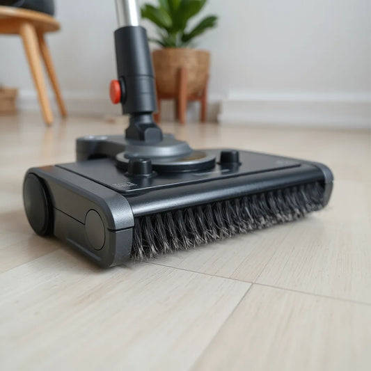 Anti-tangle side brush with angled bristles on a robotic vacuum head for cleaner floor pickup