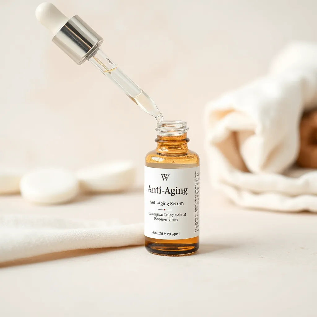 Clear drop of anti-aging serum resting on skincare with a dropper bottle in soft natural light