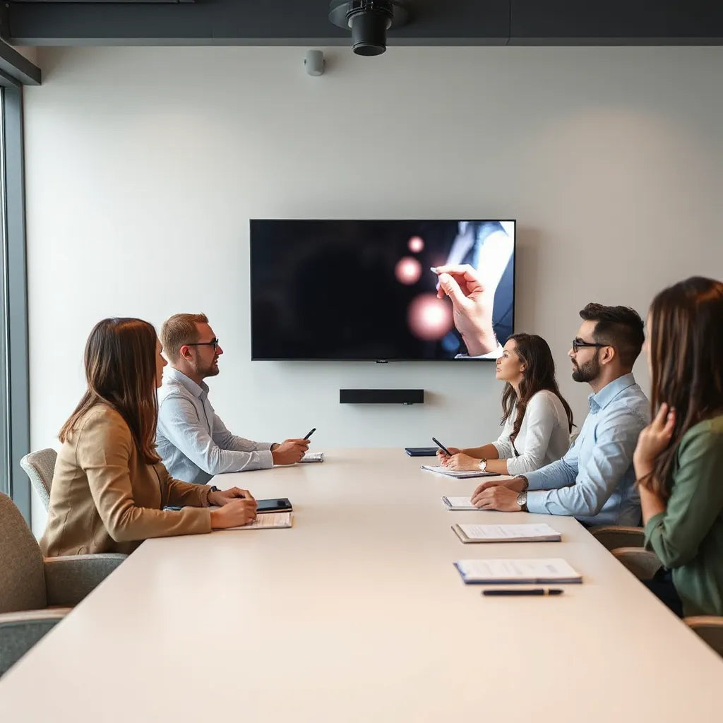 65-inch collaboration display on a wall with professionals in a modern meeting room