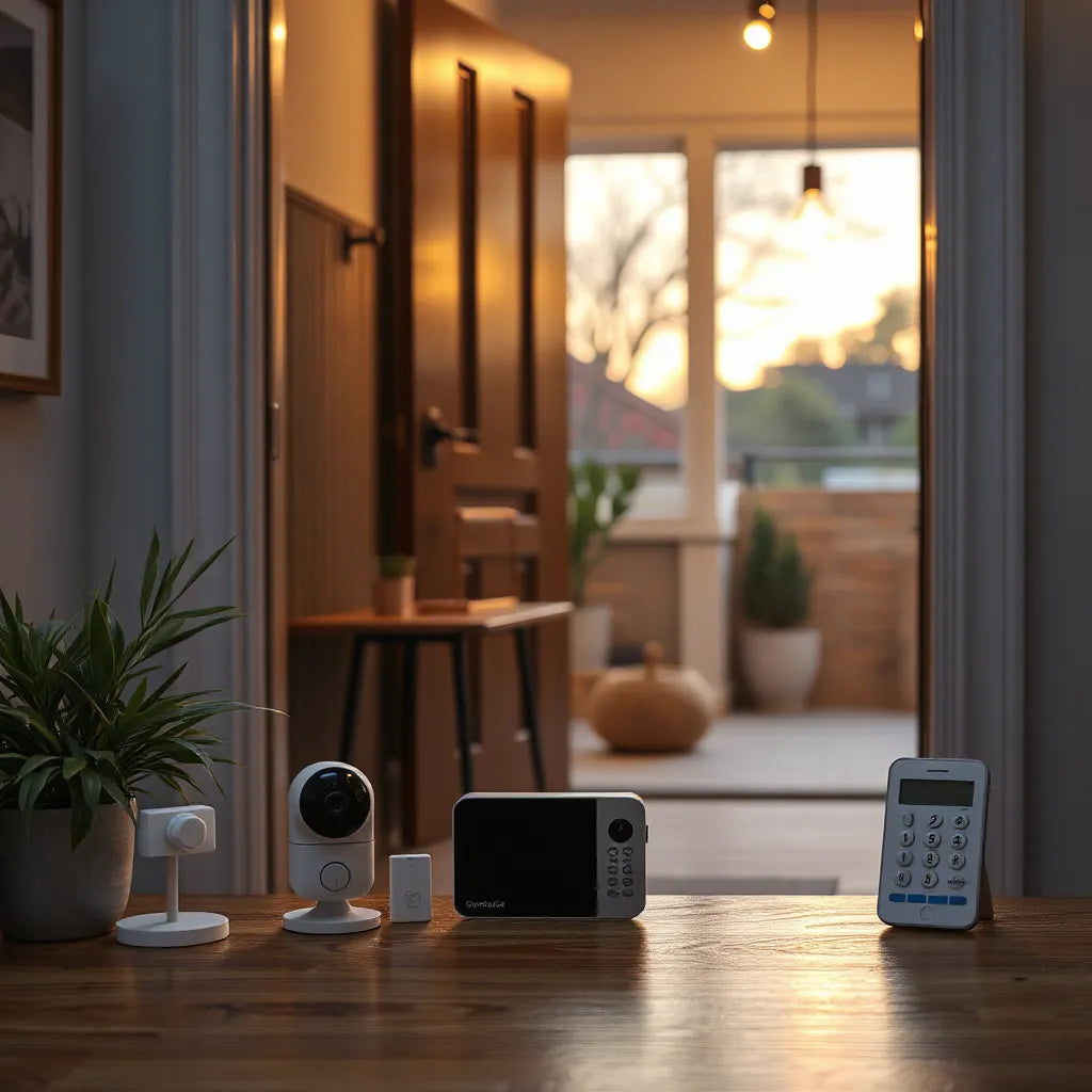 Modern home entryway with smart lock, indoor security camera, and motion sensor alarm.