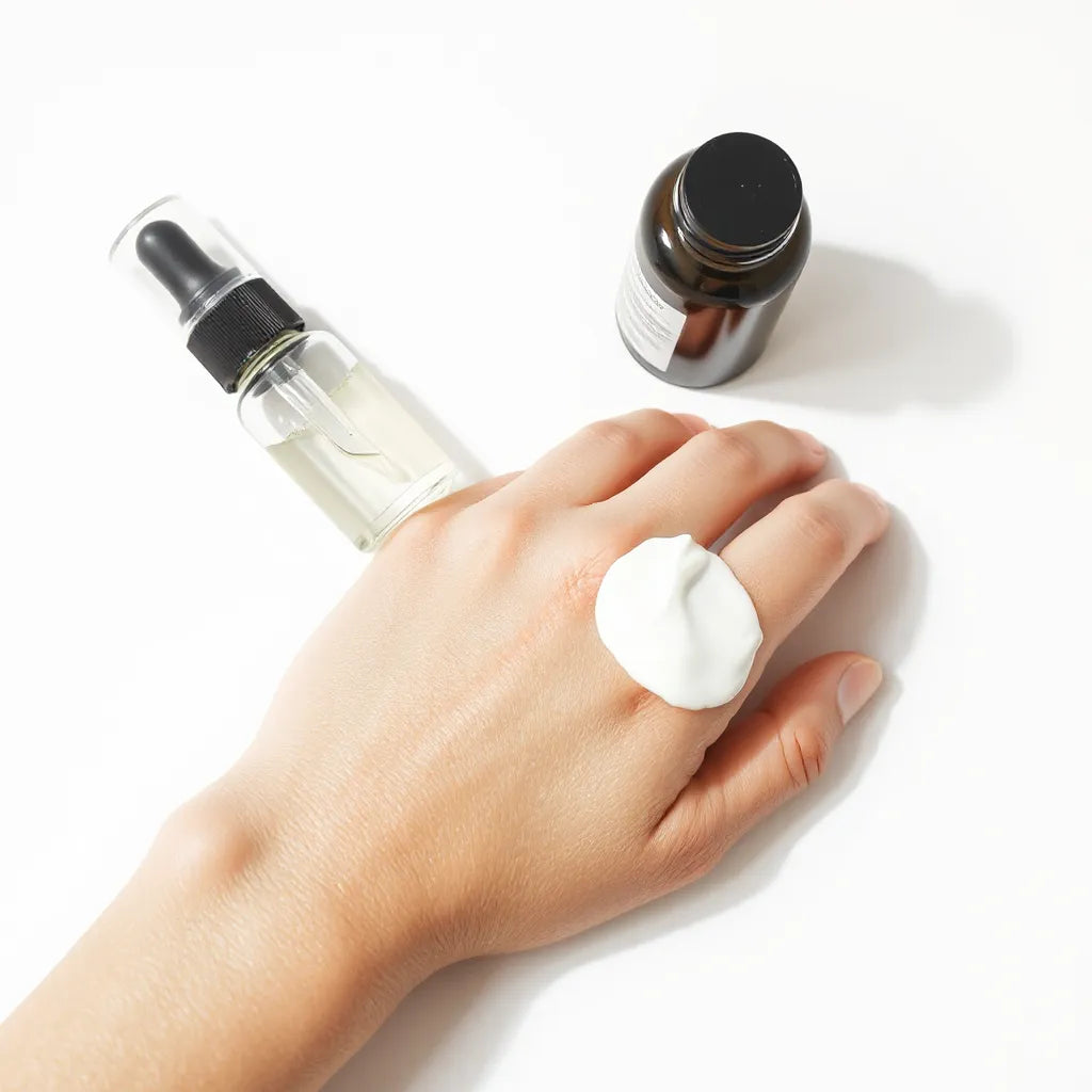Lightweight oil-free moisturizer on the back of a hand with pump and dropper bottles in soft daylight