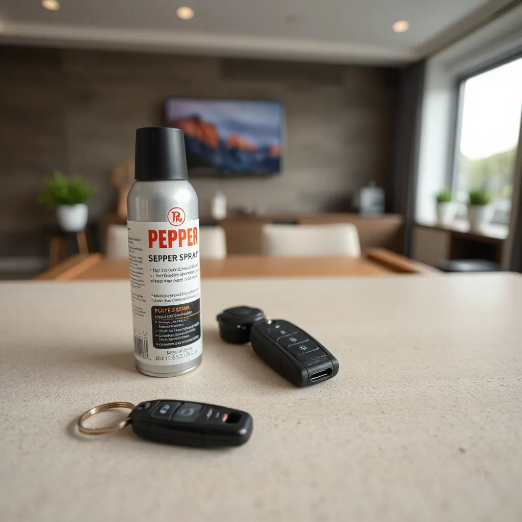 Pepper spray canister and compact safety spray device on a neutral surface near car keys