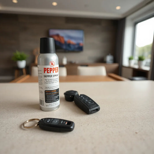 Pepper spray canister and compact safety spray device on a neutral surface near car keys