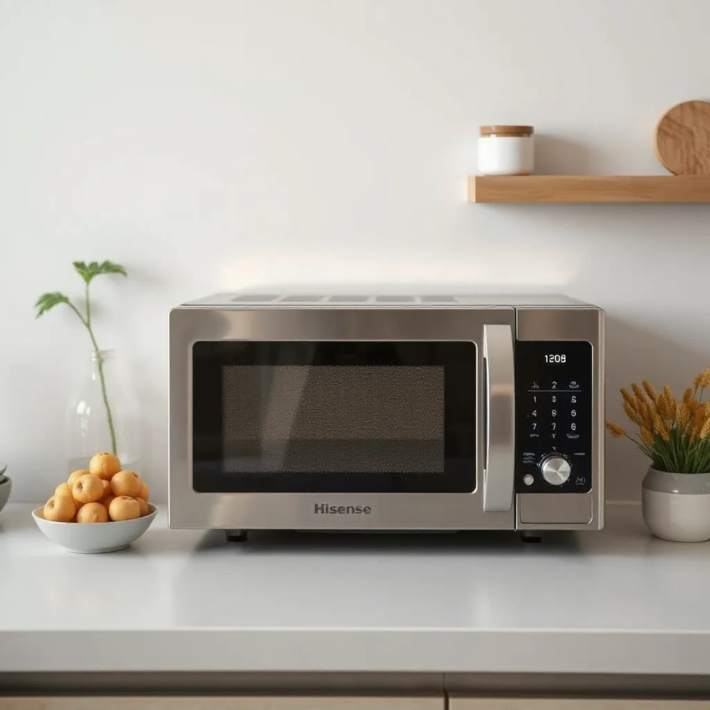 Digital microwave oven on a clean kitchen countertop with illuminated display and glass door