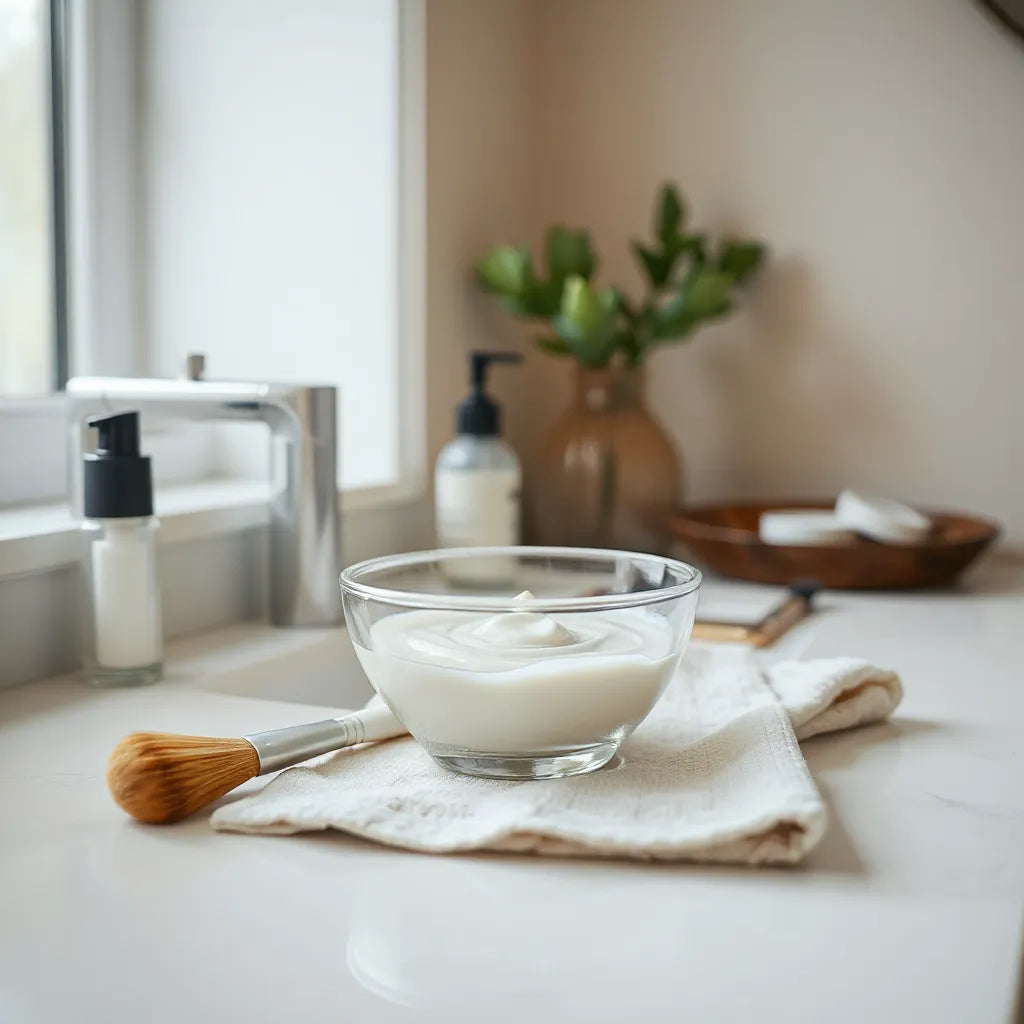 Creamy hydrating face mask in a glass bowl with a brush on a clean counter