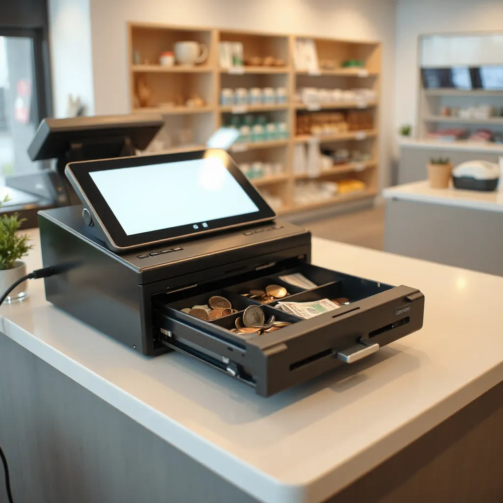 Open POS cash drawer with bill and coin compartments on a clean checkout counter