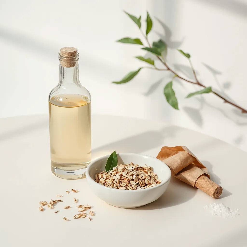 Natural skincare ingredients and eco-friendly bottles arranged on a light, neutral tabletop